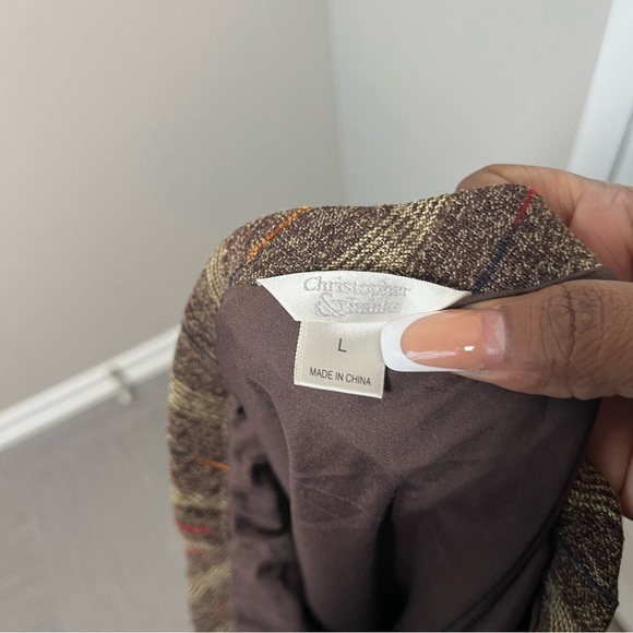 VTG 90s Women Midi Skirt Large Brown Academia Pull On Chevron Stripe A-Line - Picture 2 of 6